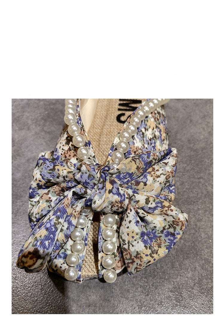 Baotou Bow Flat Slippers Women's Floral Beaded Sandals