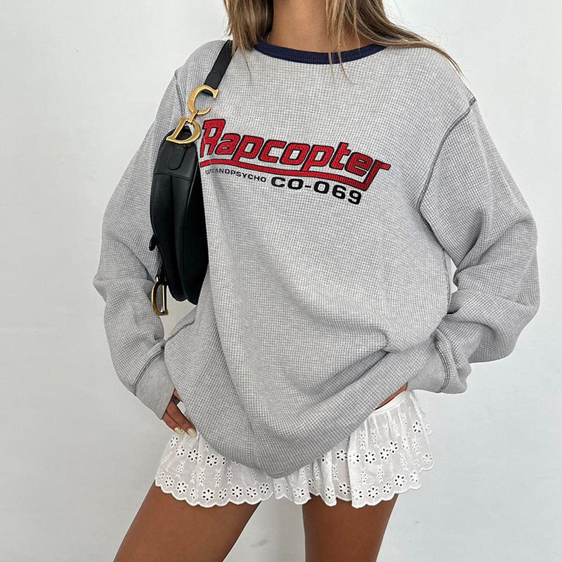European And American Retro Contrast Color Round Neck Loose Mid-length Long Sleeve Top