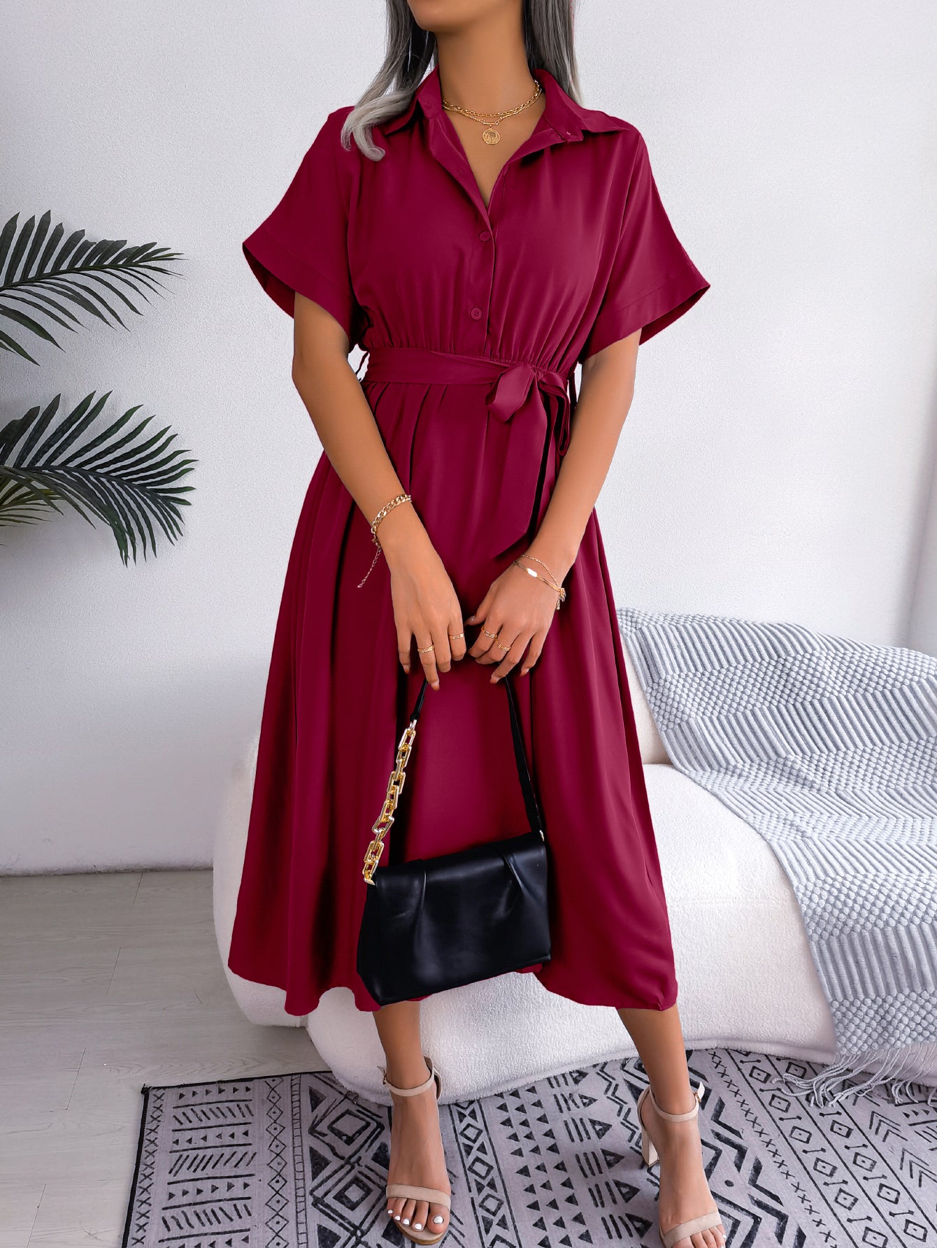 Women  Casual Loose Solid Color Tie Waist Shirt Maxi Dress