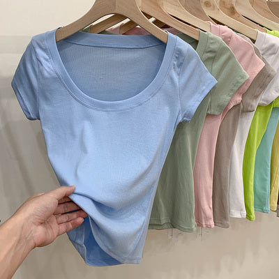 Cotton T-shirt Women's Short Sleeve Low Collar Collarbone