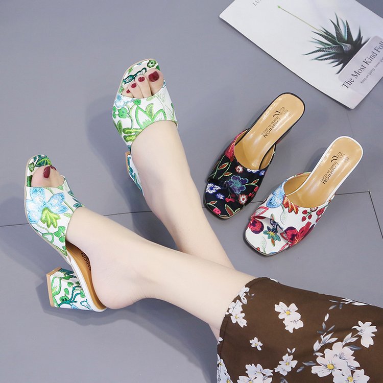 Dame fritids udendørs slip-in sandaler med tyk hæl og print