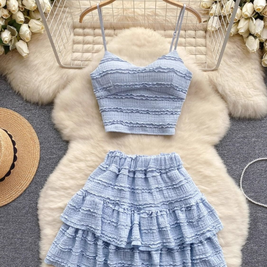 Lace Camisole And Ruffled Short Skirt Set