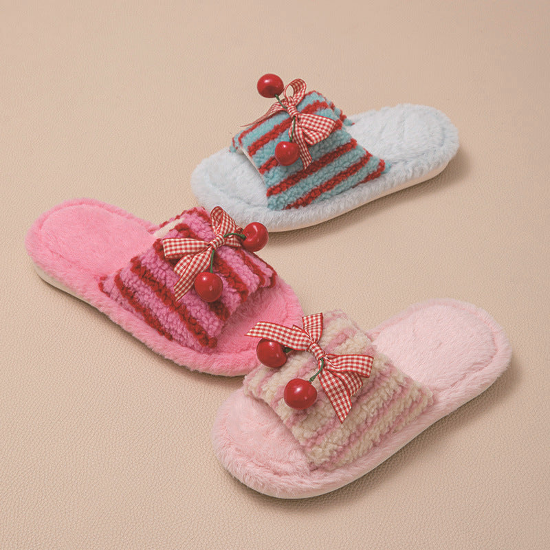 Contrast Color Cherry Open Plush Slippers