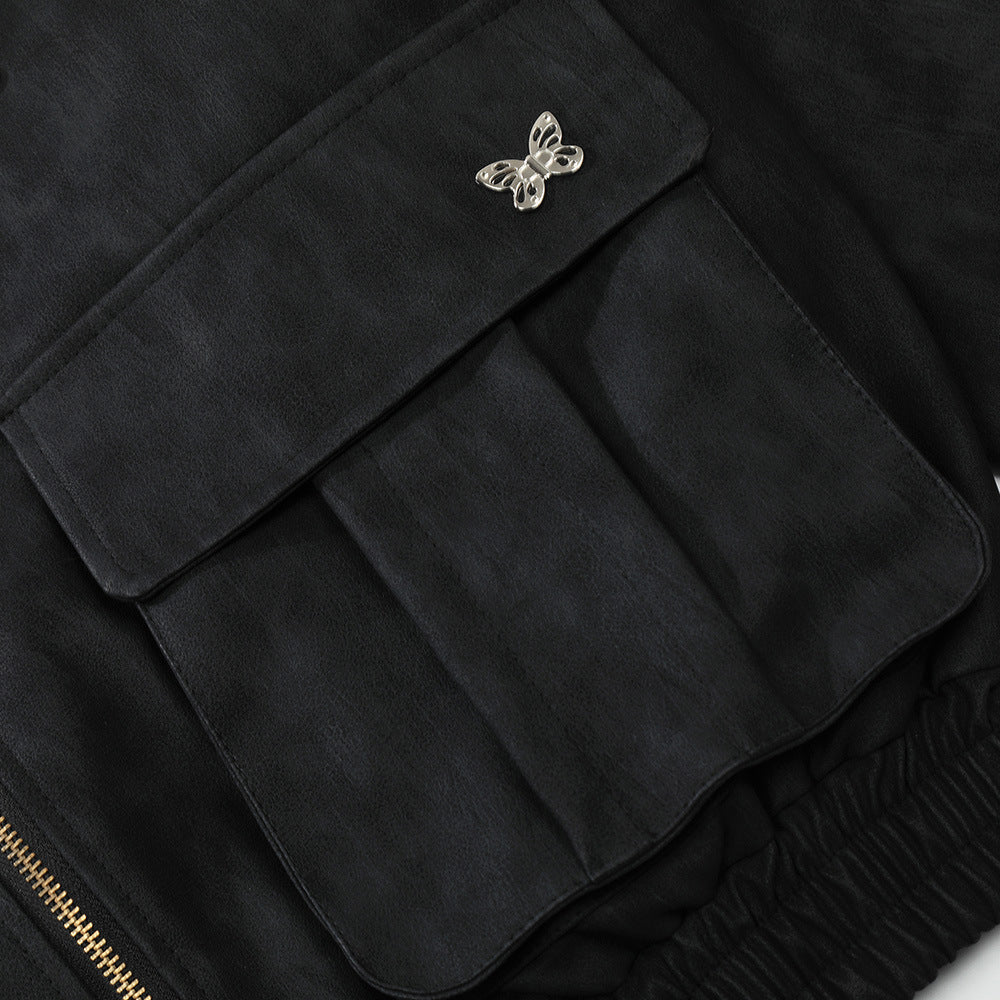 Three-dimensional Pocket Lapels PU Leather Jacket For Men
