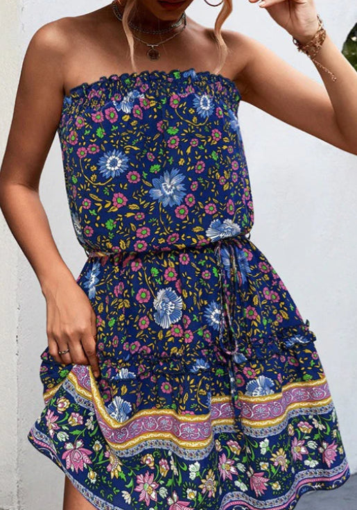 Bohemian Floral Print Bandeau Mini Dress