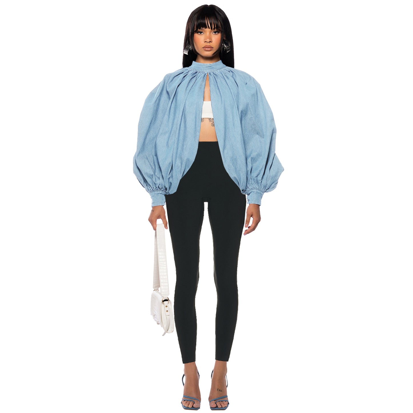 Fashion Denim Button Bat Sleeve Backless Cardigan Top