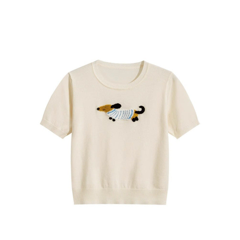 Cartoon Puppy Round Neck Knitted T-shirt Shory Style T-shirt
