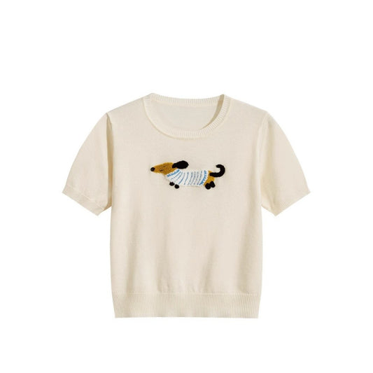 Cartoon Puppy Round Neck Knitted T-shirt Shory Style T-shirt