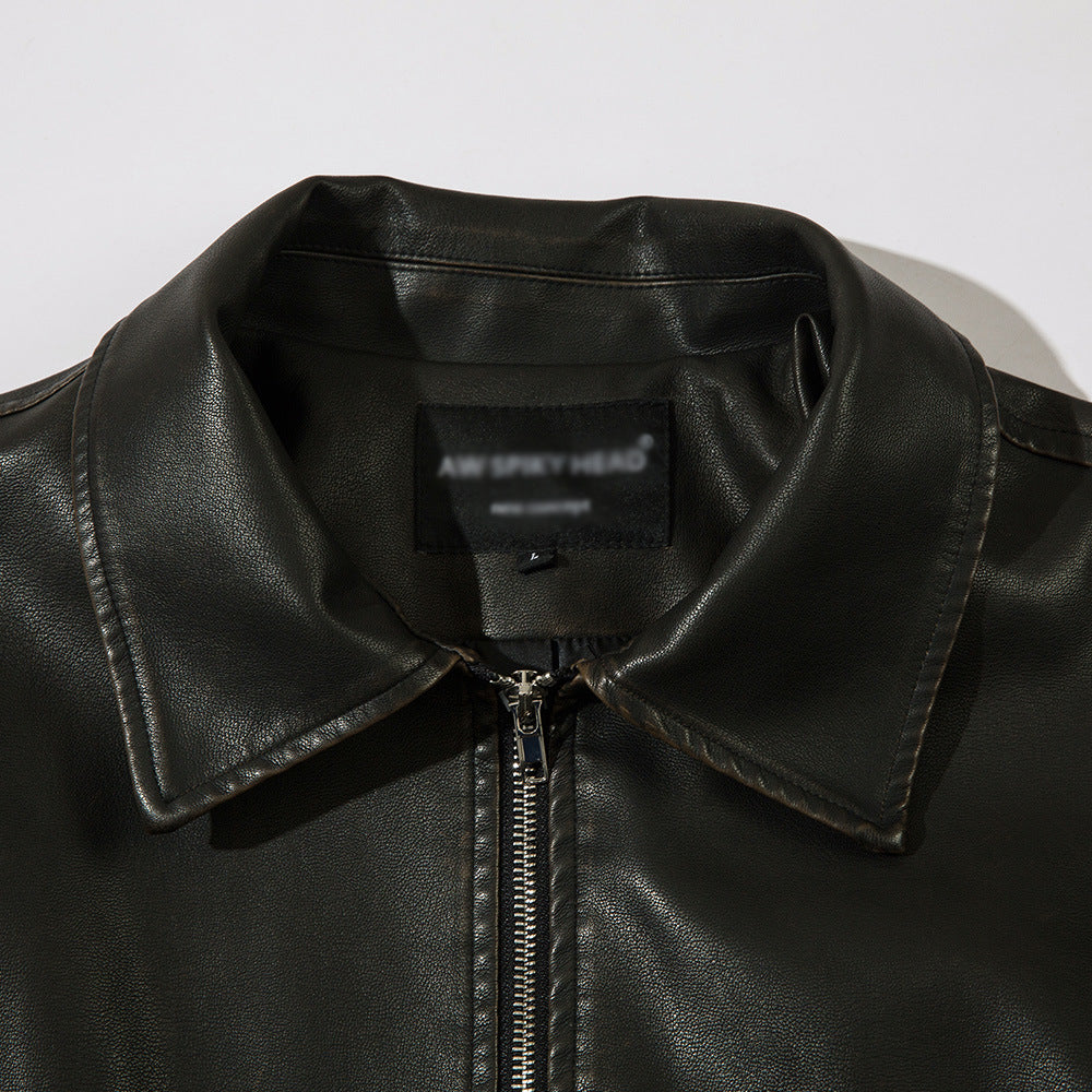 Solid Color PU Leather Coat Men