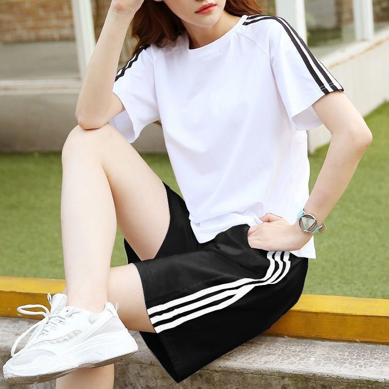 Casual Sportswomen Three-stripe Loose Short Sleeve Shorts Two-piece Set