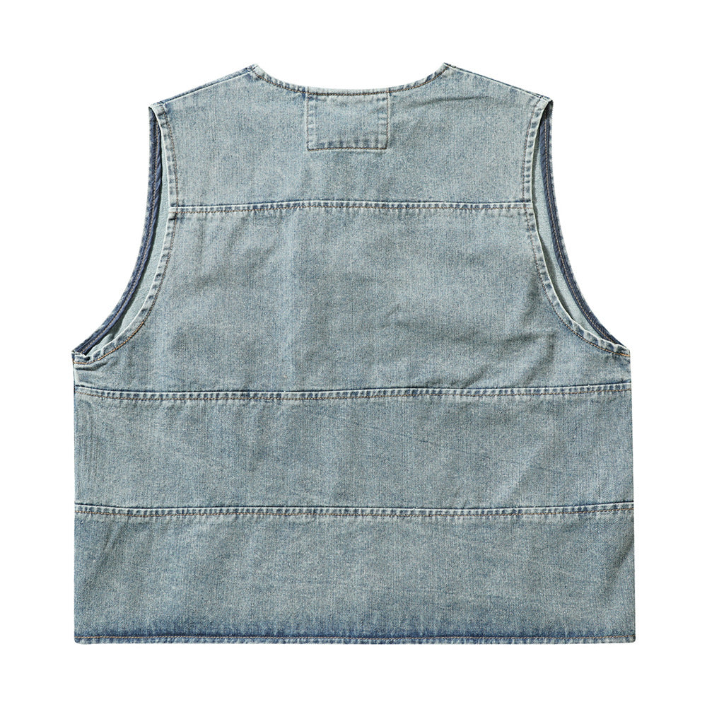 Denim Vest Men's Loose Casual High Street Patchwork Round Neck Coat