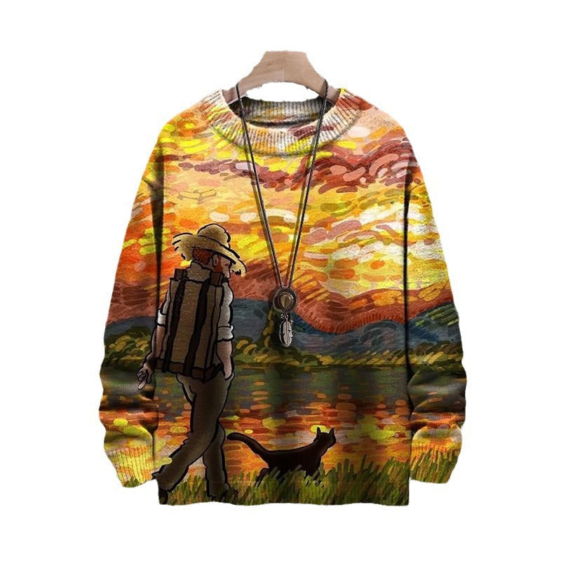 Abstract Style Digital Printing Drop-shoulder Long-sleeve Women's Sweater Casual All-matching