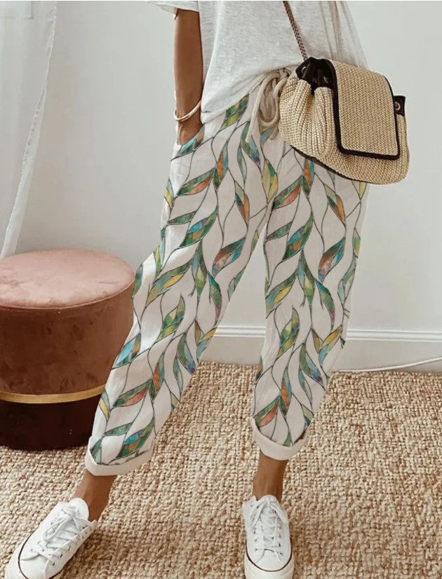 Printed Pocket Fashion Lace-up Straight-leg Trousers