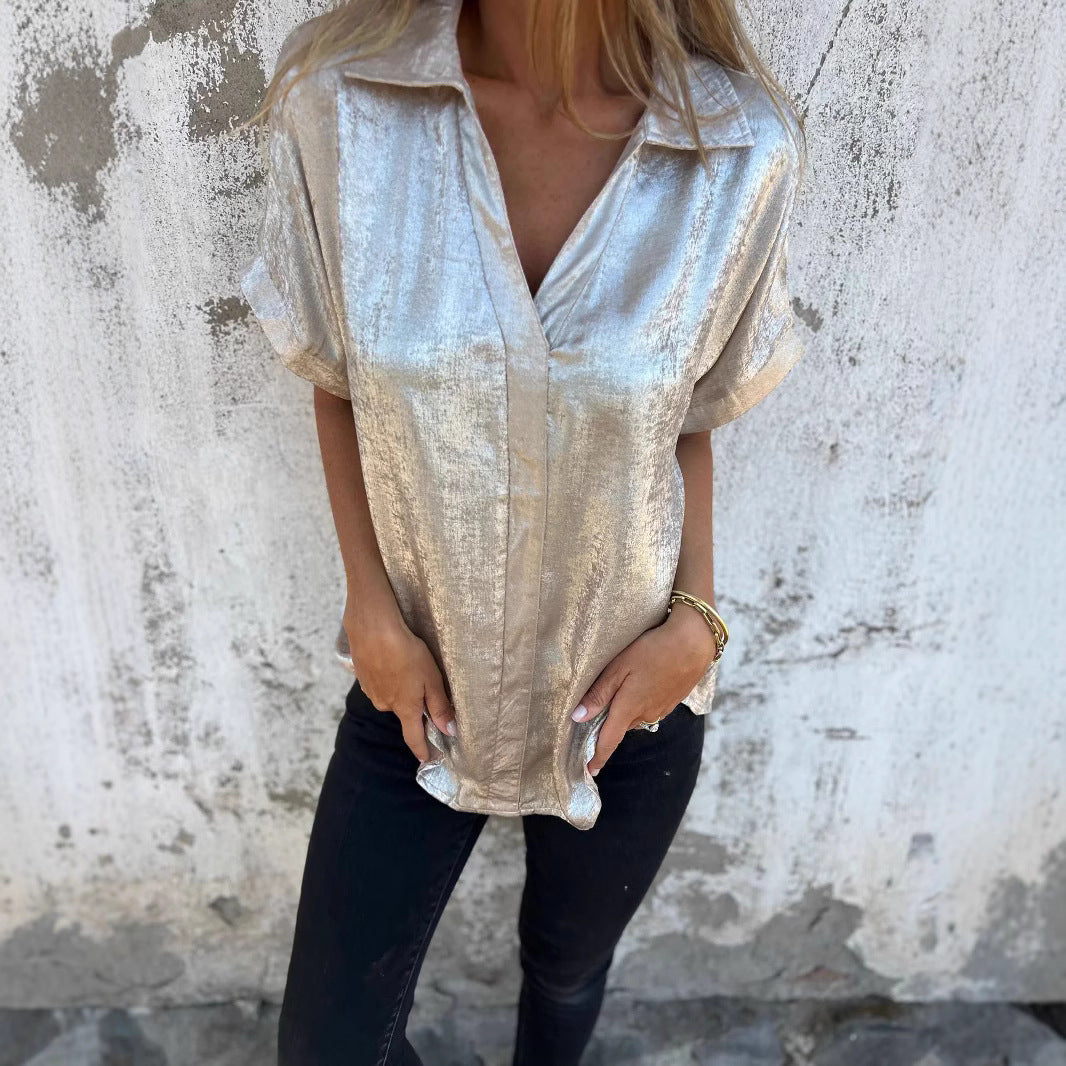 Women's Solid Color Casual Loose Bronzing Short-sleeved Lapel Shirt