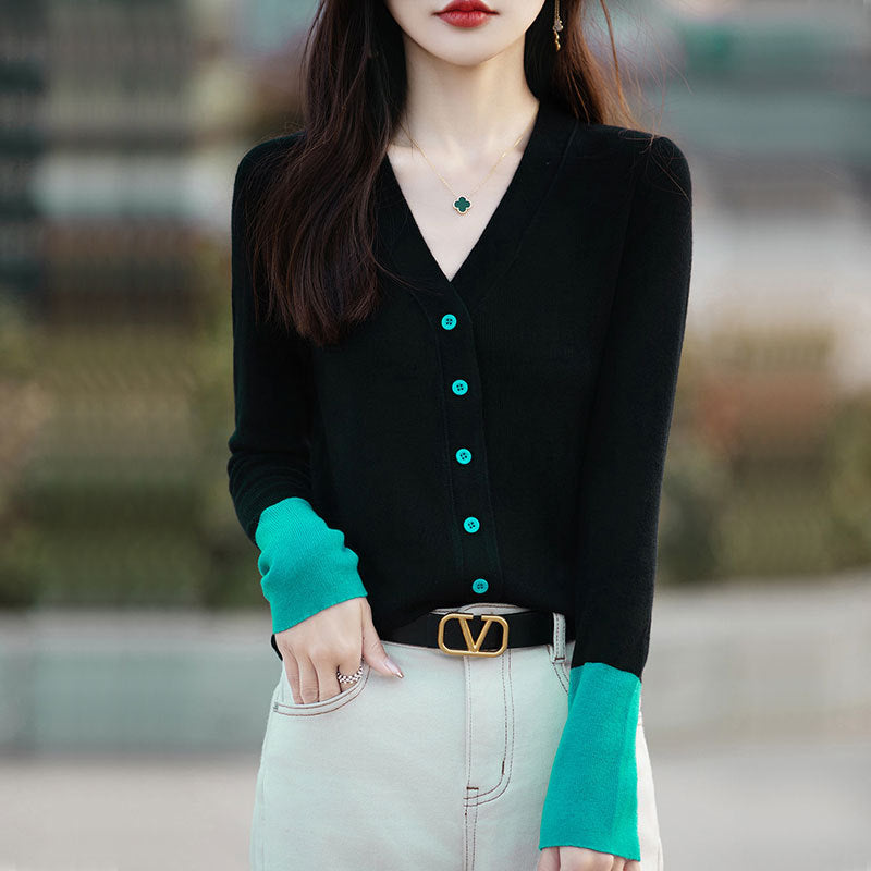 V-neck Color Stitching Knitted Cardigan Coat Loose Thin Slimming Women's Sweater