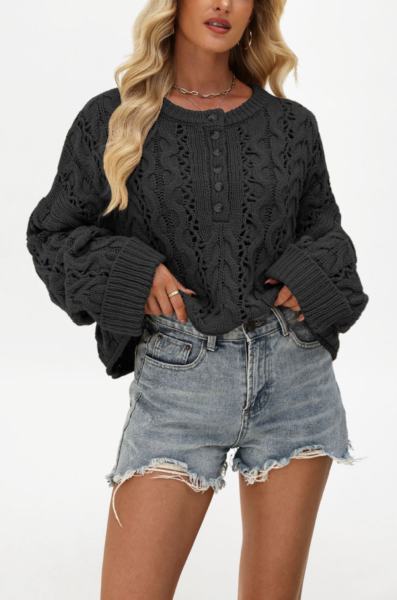 Loose Solid Color Pullover Short Knitted Button Sweater