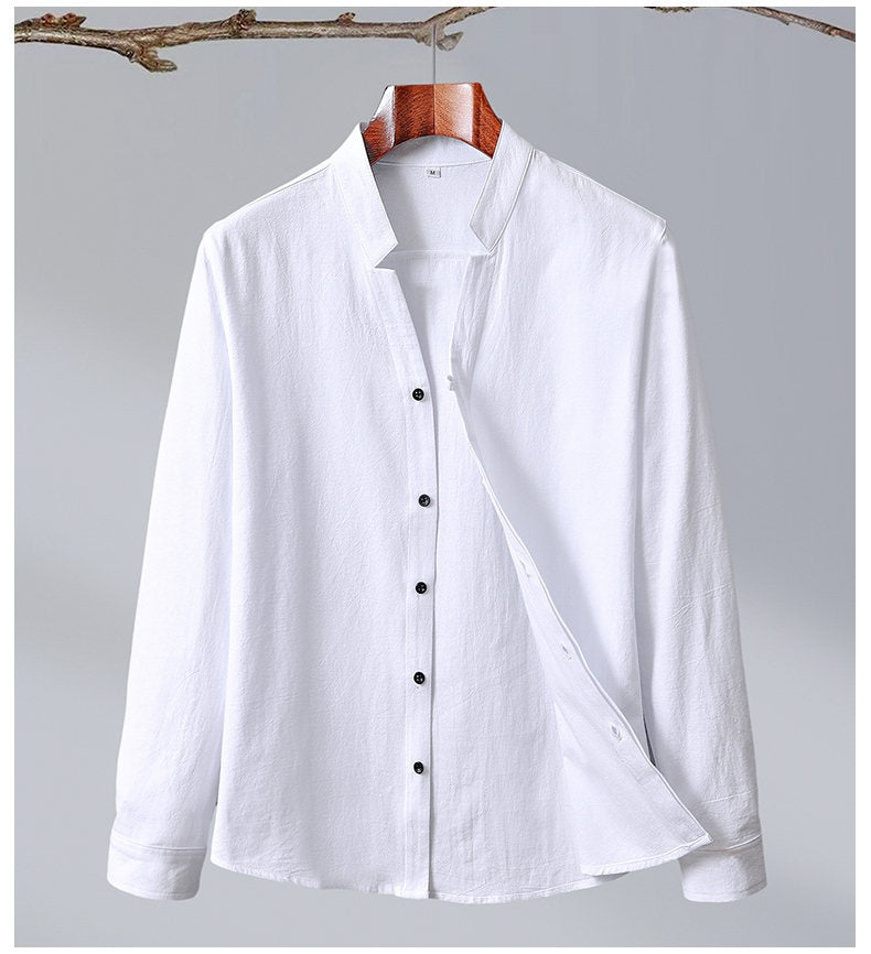 Cotton And Linen Crepe Solid Color Chinese Style Men's Long-sleeved Shirt