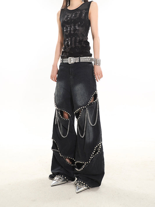 Heavy Industry Metal Rivet Chain Hollow-out Design Jeans