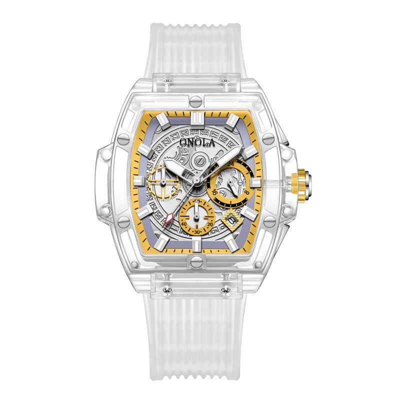 Luminescent men's watch with transparent case