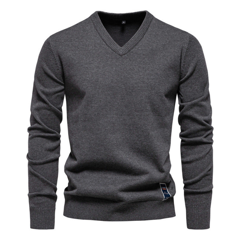 Autumn And Winter Pure Cotton Solid Color Hoodie V-neck Trendy Men's Clothing Sweater