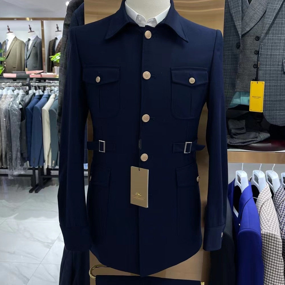 Slim-fit Zhongshan Suit Navy Blue Men's Suit Two-piece Suit