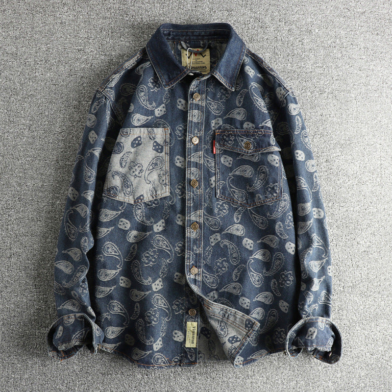 Yarn-dyed Paisley Pattern Mild Luxury Retro American Denim Long Sleeve Shirt