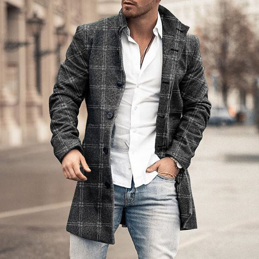 Fashion Casual Men's Herringbone Stand-up Collar Mid-length Woolen Trench Coat