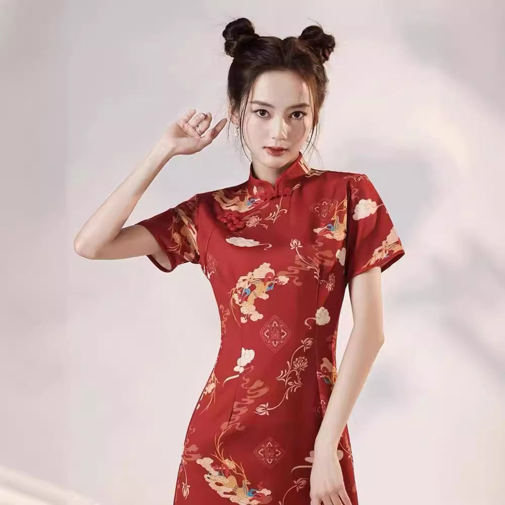 Womens Casual Retro Red Printed Dress
