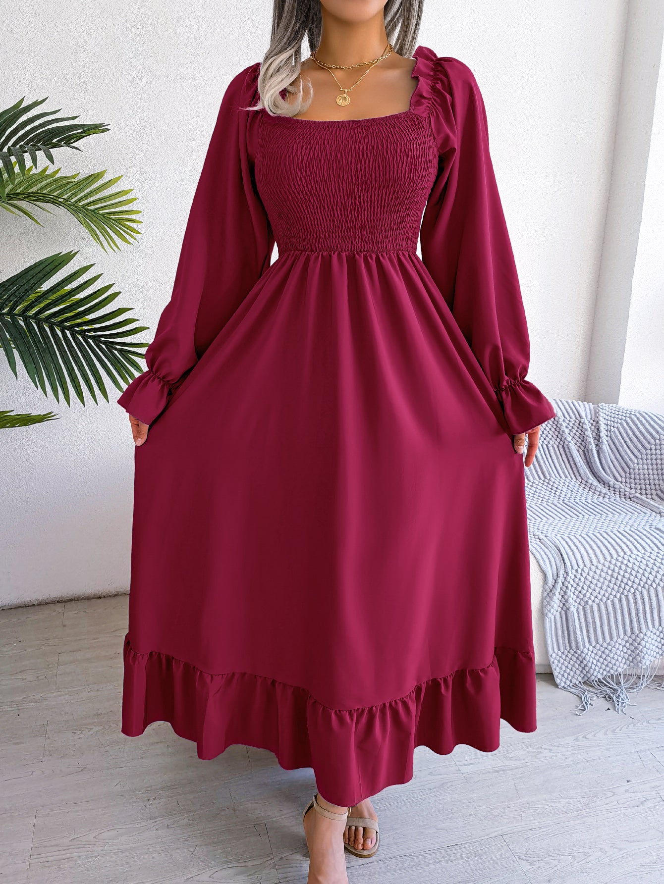 Women's Casual Square Neck Bell Sleeve Flowy Ruffle Maxi Dress