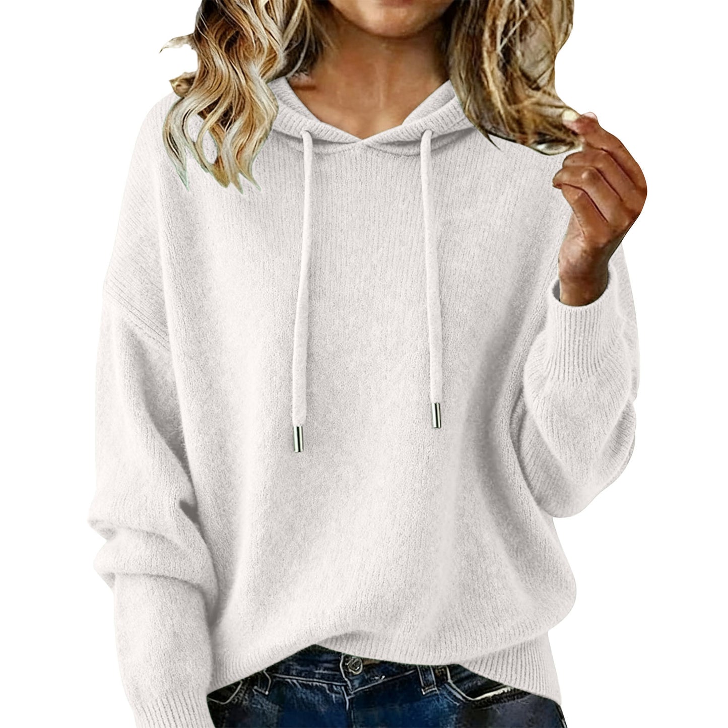 Womens Fashion Solid-color Loose Soft Hoodie With Drawstring