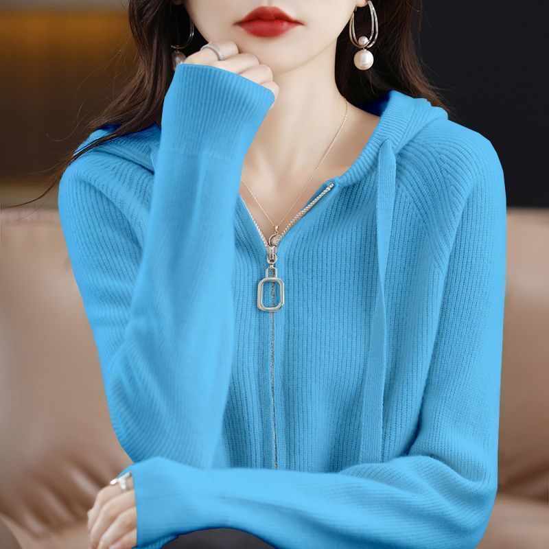 Womens Loose-Fit Zip-Up Hooded Outer Sweater