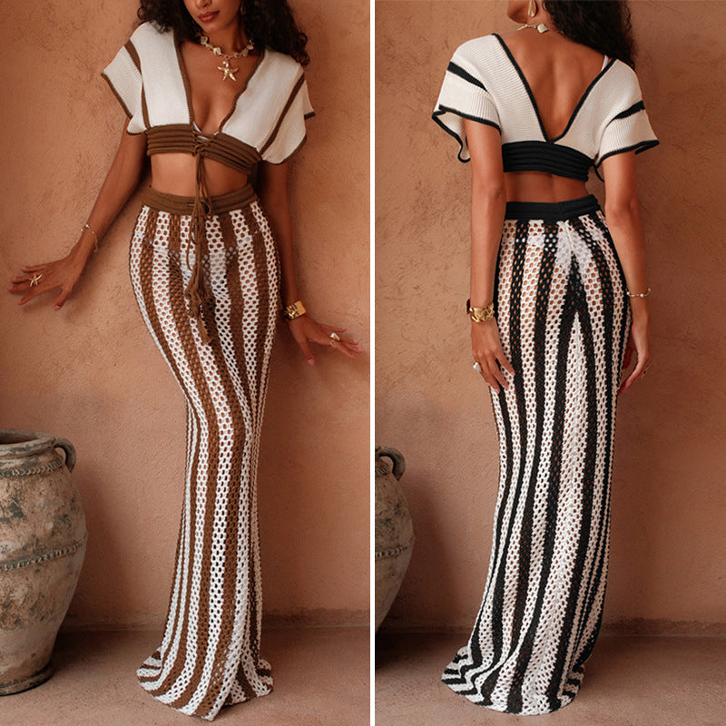 Knitted Strap Top Set Sexy Bikini Beach Cover-Up Dress