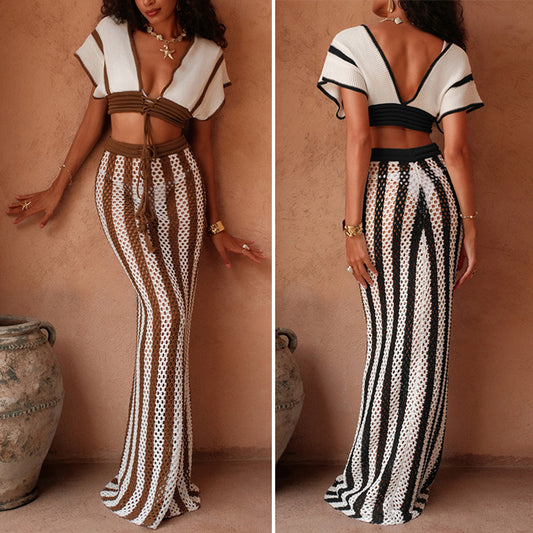 Knitted Strap Top Set Sexy Bikini Beach Cover-Up Dress