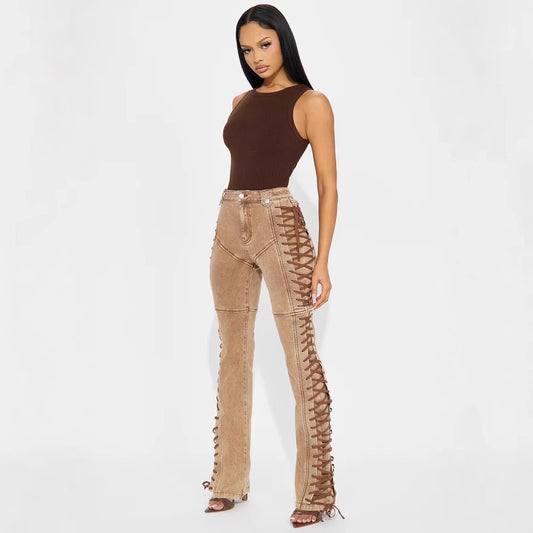 European And American Fashion Women's Wear Bandage Drawstring Hot Girl Jeans