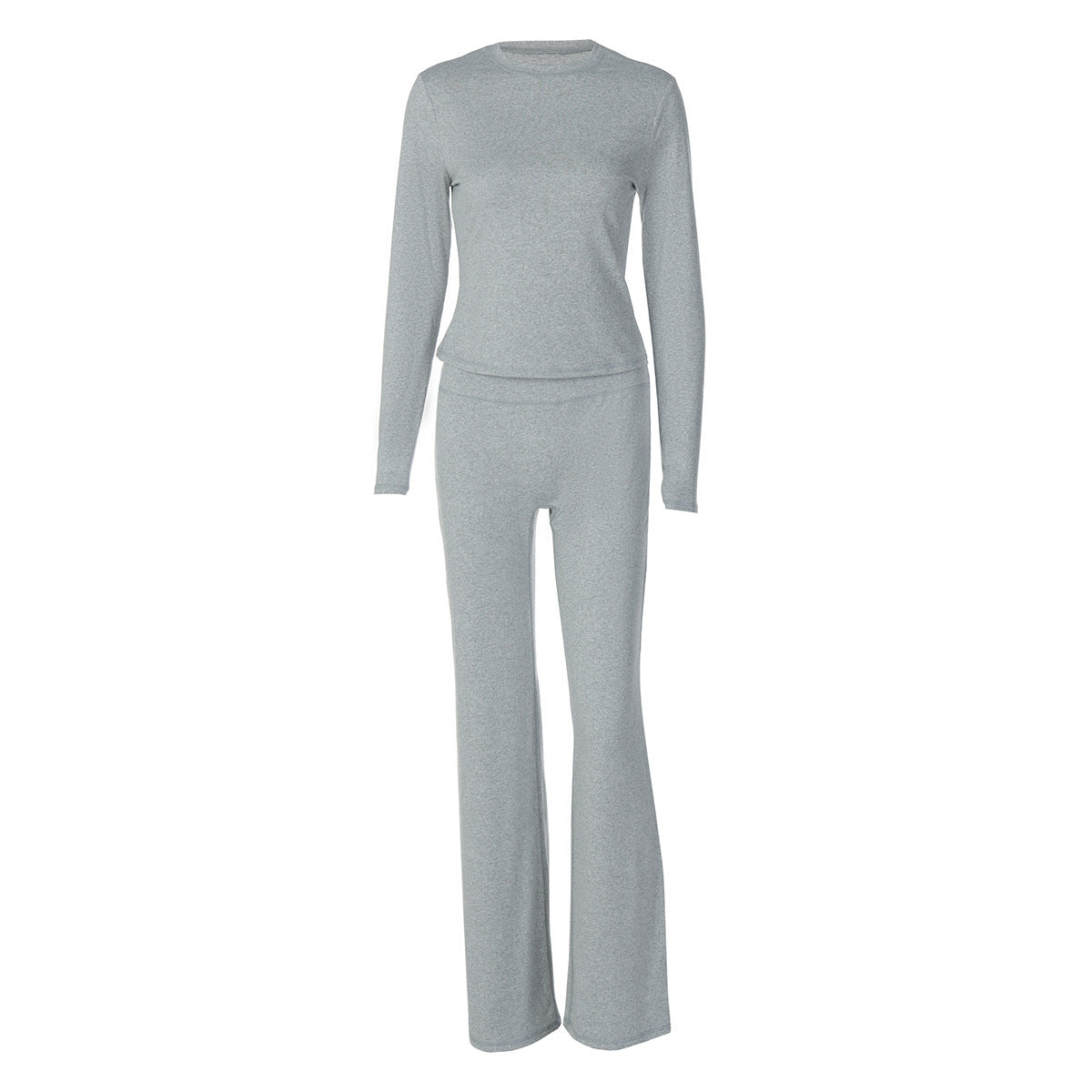 Fashion Casual Crew Neck Top Slim High Waist Bootcut Pants Solid Color Suit