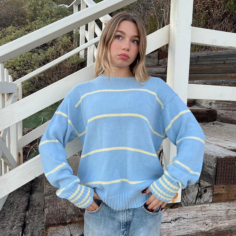 Contrast Color Round-neck Long-sleeved Pullover
