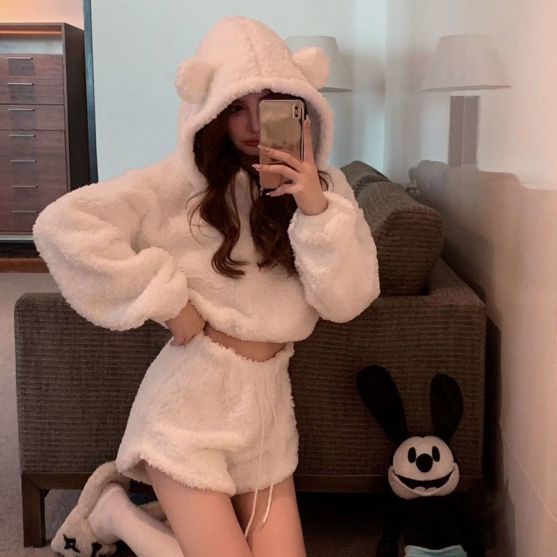 Retro Thick Short High Waist Bear Hooded Top