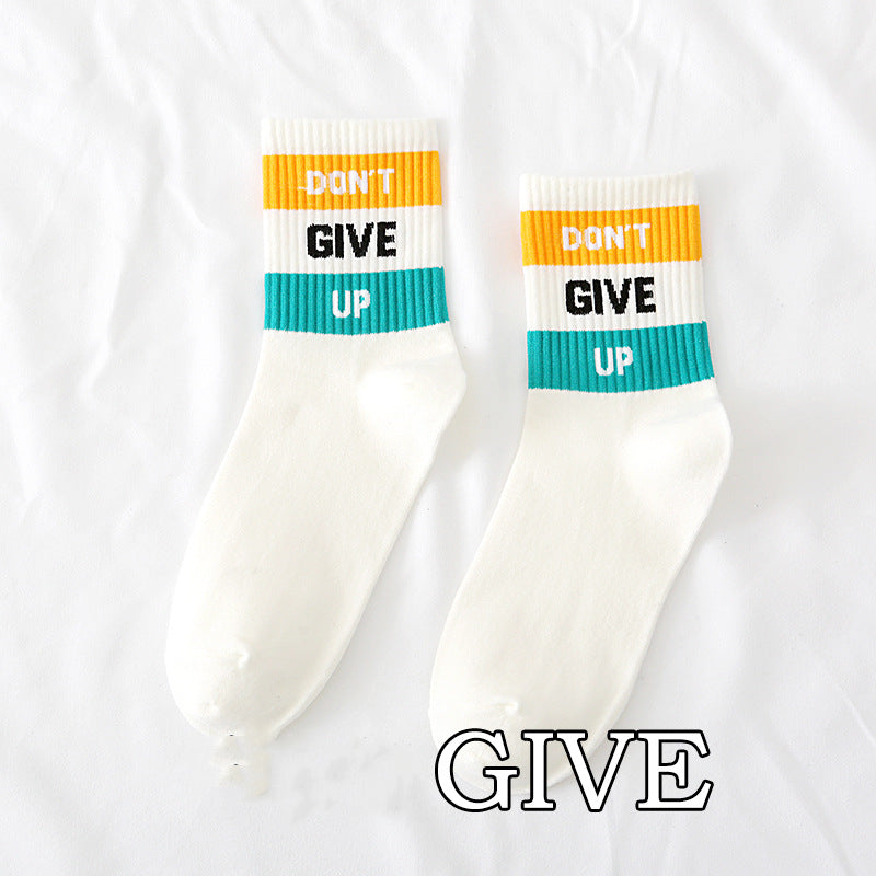 Spring And Autumn Ladies New Mid-calf English Letters Wide Stripe Combination Ins Trend Athletic Socks Combed Cotton Women's Socks Manufacturer