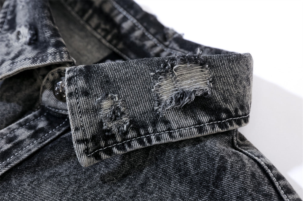 Washed And Worn Worn Hole Denim Shirt Jacket