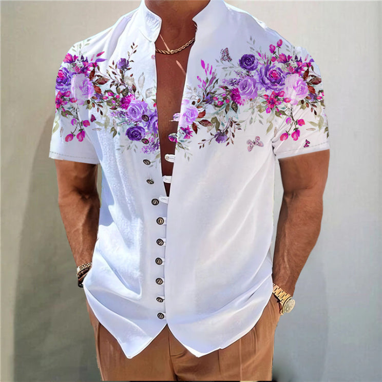 Men's Printed Stand Collar Short Sleeve Button Shirt