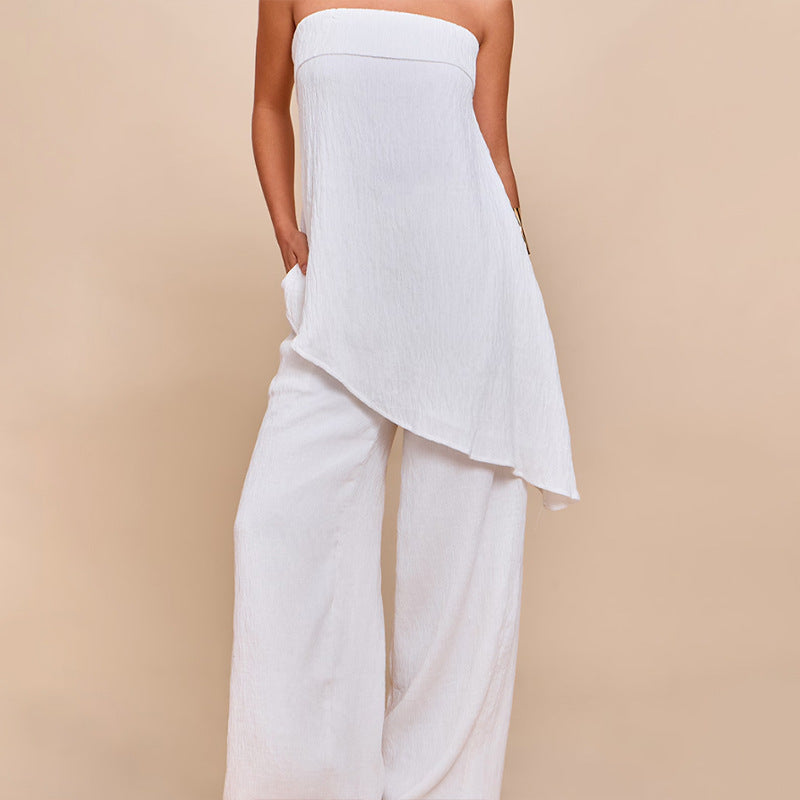 Womens Elegant Sexy Casual Loose Tube Top And Ice Silk Pleated Solid Color Straight Pants Set