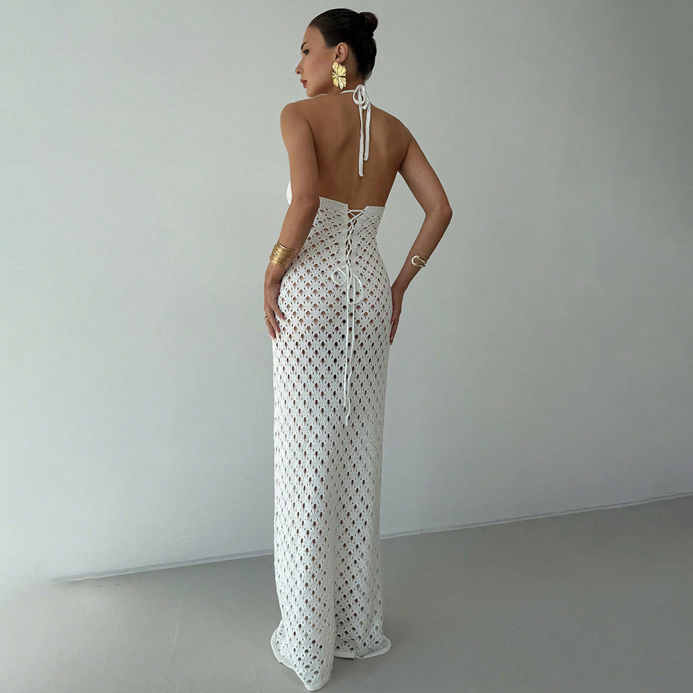 Neck-strap Lace-up Hollow-out Dress For Women