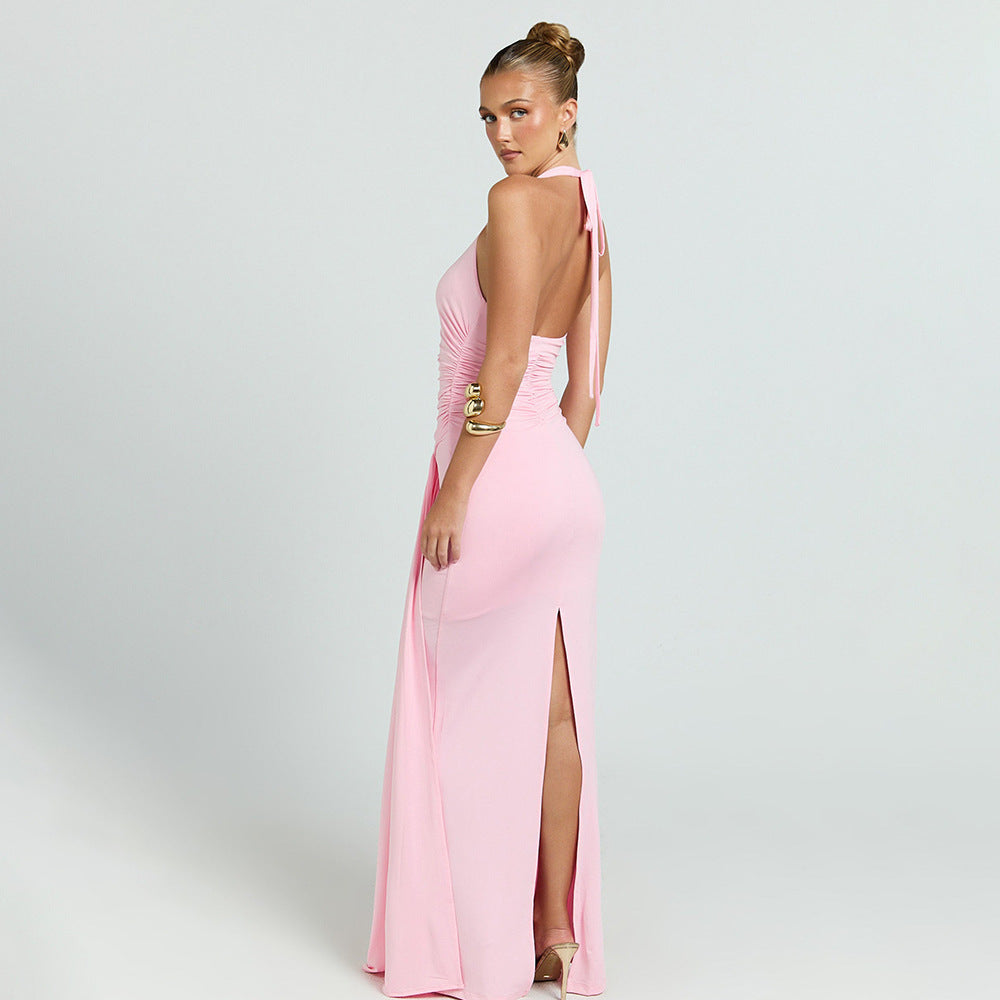 Womens Sexy Waist-Cinching Backless Halter Dress