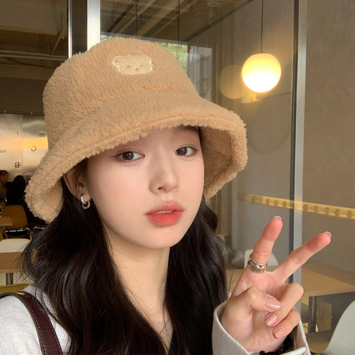 Korean Lamb Wool Cute Embroidered Bear Bucket Hat