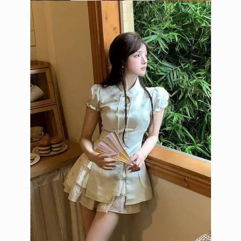 Buttoned-loop Puff-sleeve Skirt Two-piece Set