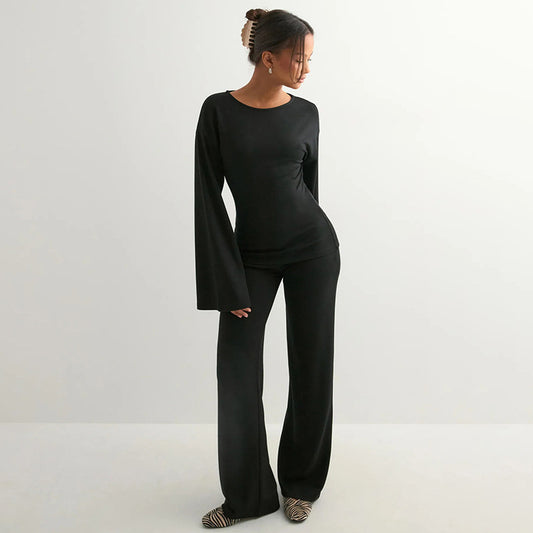 Women's Crew-neck Long-sleeve Straight-leg Pants Set