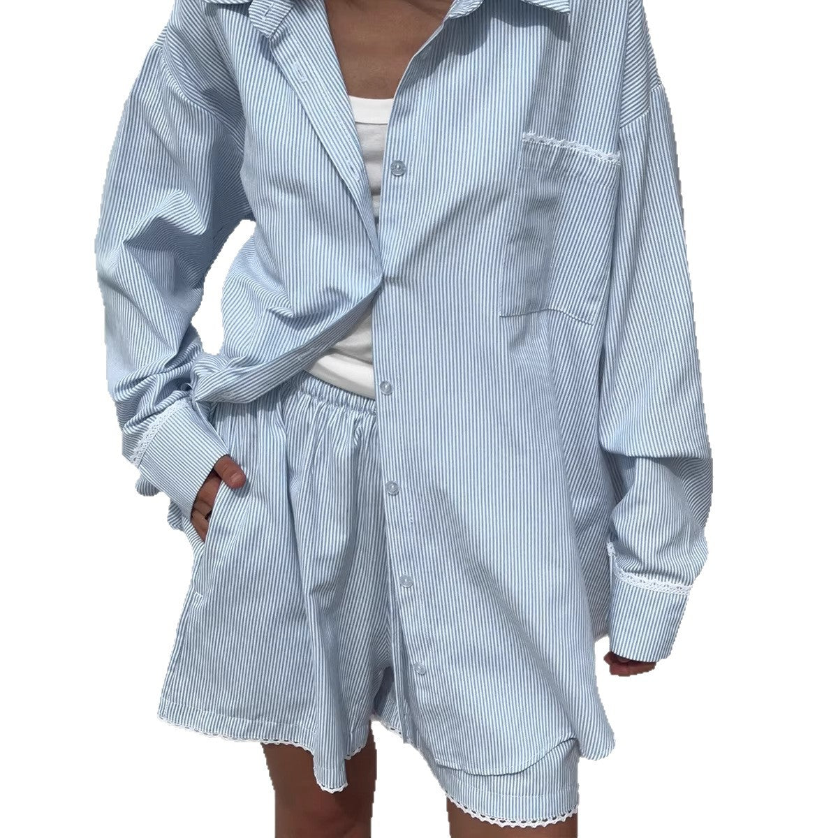 Fashionable Casual Lace-trimmed Shirt And Shorts Set For Women