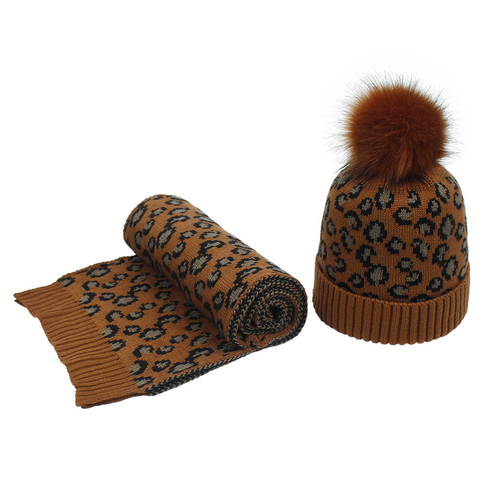 Women's Autumn And Winter Leopard Print Hair Ball Hat Scarf Set