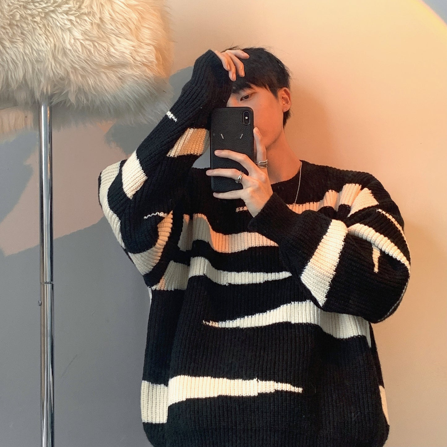 Personality Black And White Contrast Loose Sweater For Men And Women