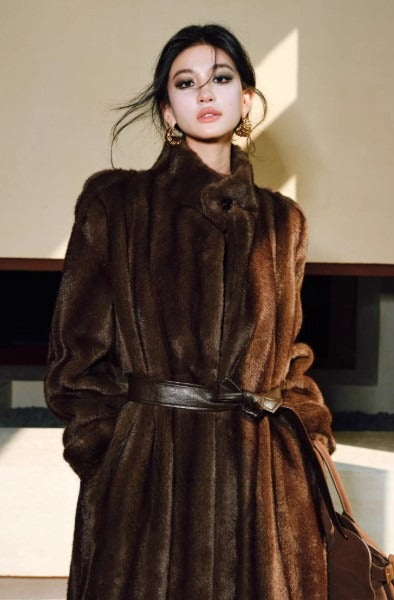 Mink-textured Three-dimensional Silhouette Belt Eco-fur Coat